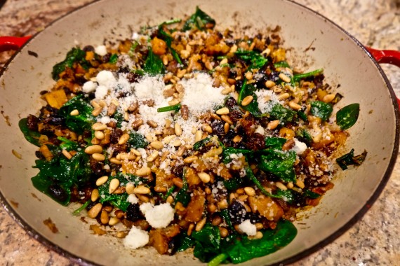 Butternut squash in pot with ingredients