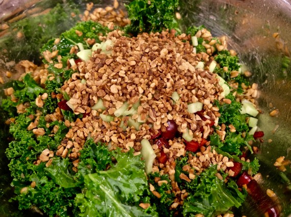 farro and kale Kale, cherries and walnut in bowl