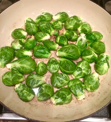 braised brussel sprouts brussel sprount face down in pan