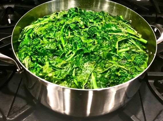 Brcooli rabe, breadcrumbs broccoli steaming in pot