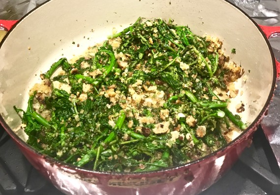 Broccoli rabe breadcrumbs in pot with breadcrumbs